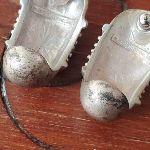 VTG Signed LIZ CLAIBORNE Large BRUTALIST MATTE SILVER DOME DROP EARRINGS post - Picture 13 of 14